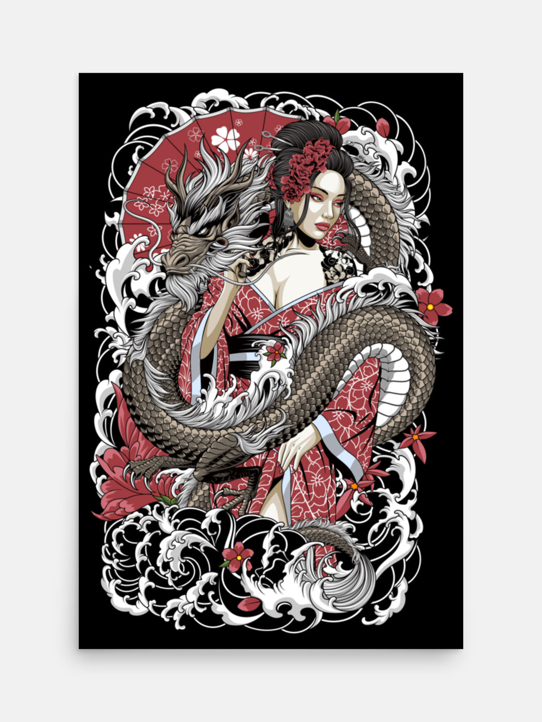 Dragon and Geisha surrounded by irezumi clouds art print