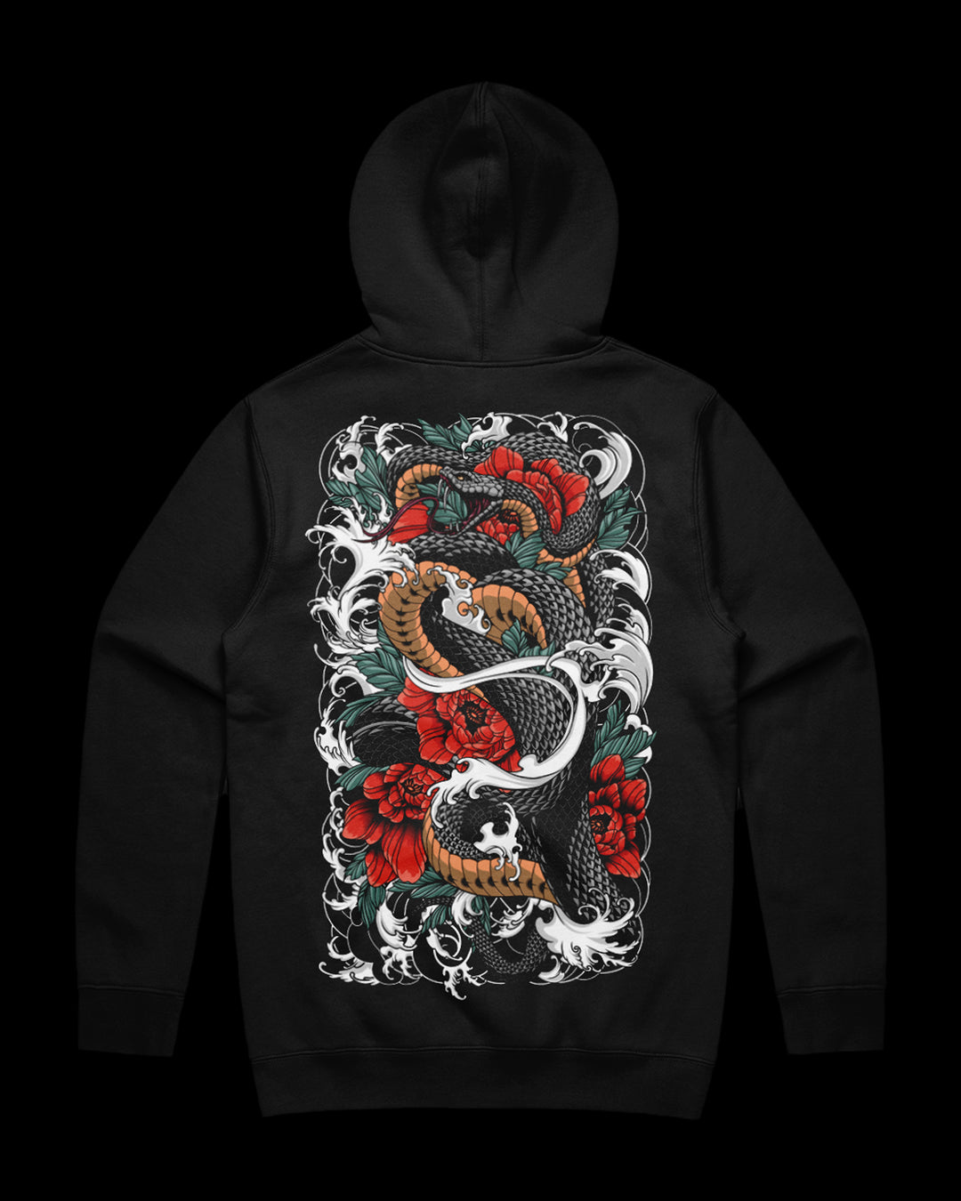 black hoodie with snake and blossoms back print