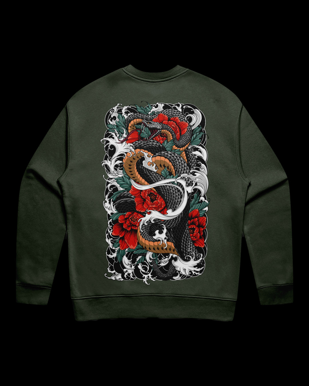 Cypress sweatshirt with a snake and floral design on the back.