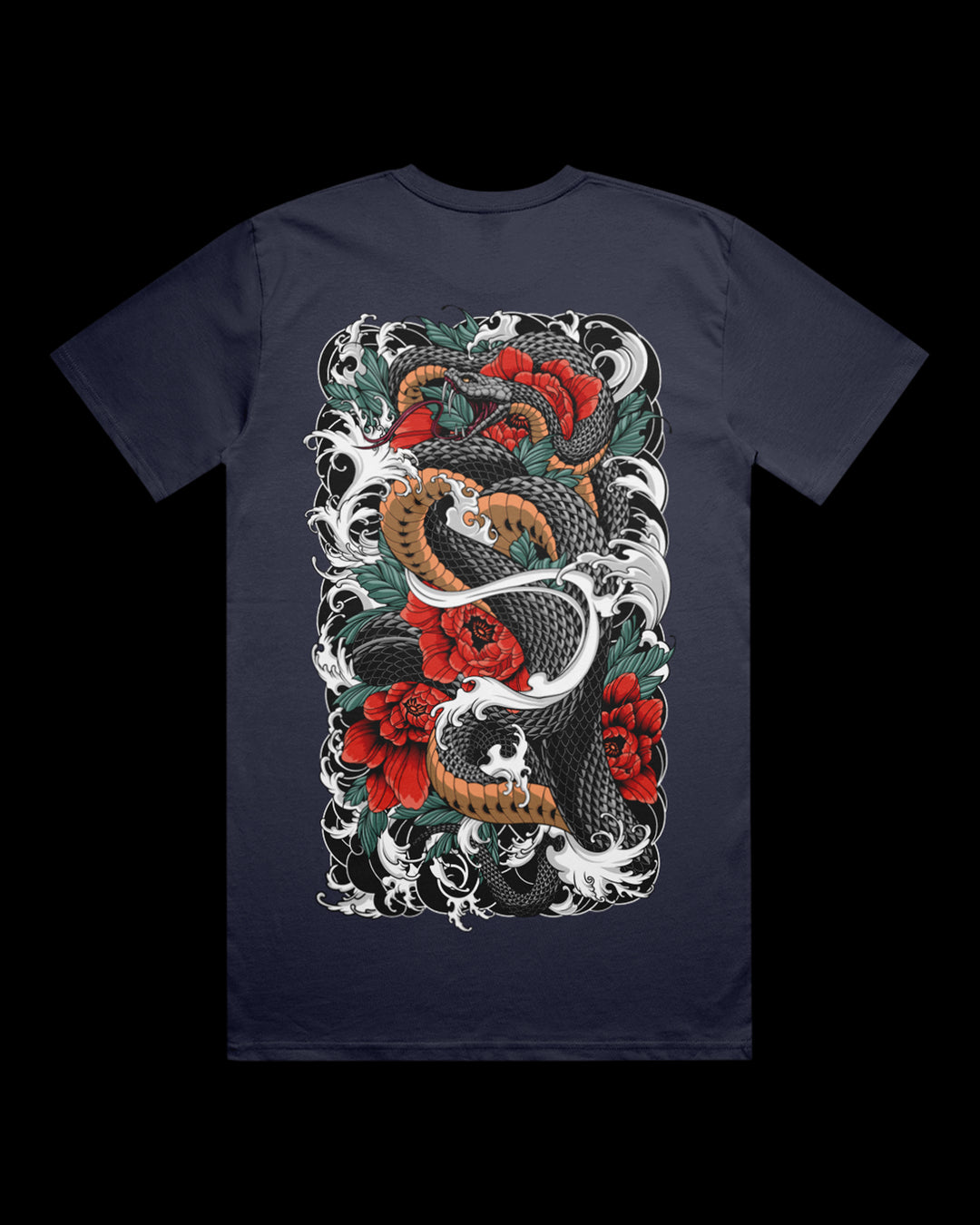 midnight blue tee featuring Japanese Irezumi-style snake