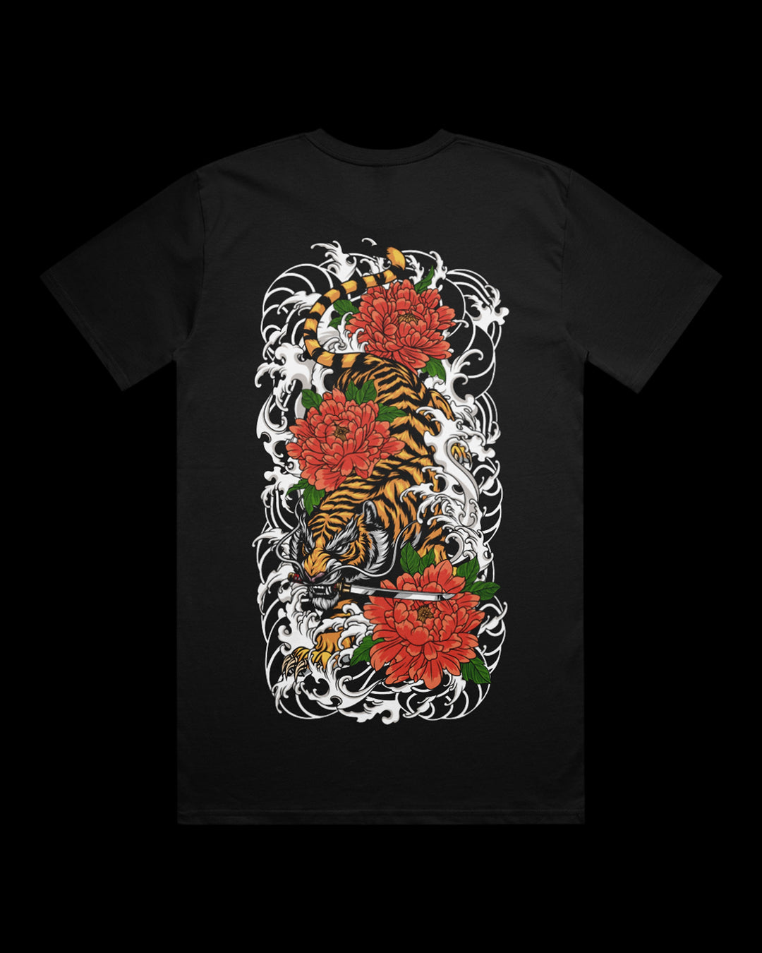 black tee featuring tiger graphic on the back