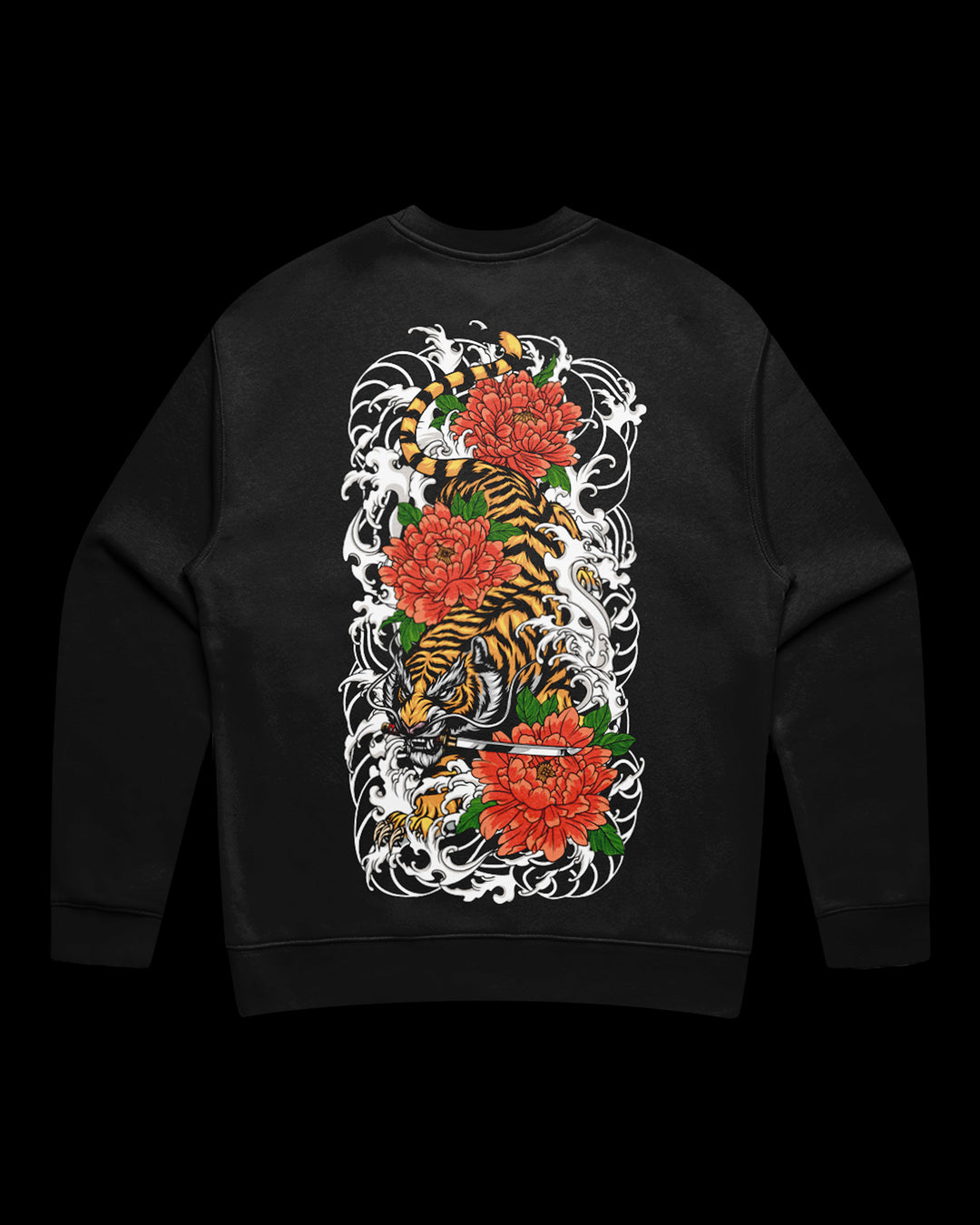 Black sweatshirt with a large back print featuring a descending tiger, waves, and peonies in red and white.