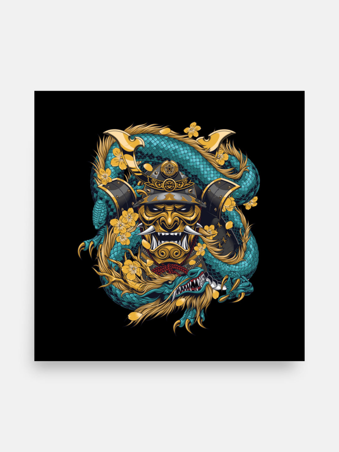 coiled teal blue dragon around japanese samurai mask art print poster