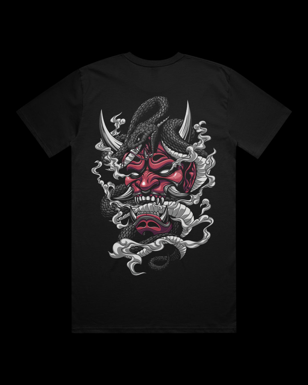 T-shirt featuring Japanese Irezumi-style red hannya mask and snake on the back