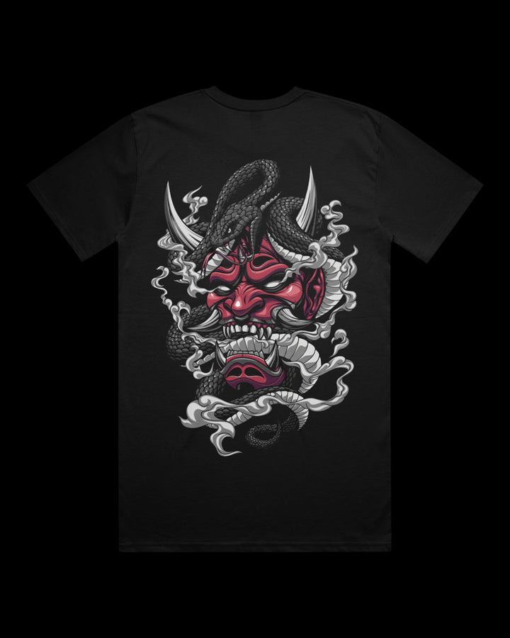 T-shirt featuring Japanese Irezumi-style red hannya mask and snake on the back