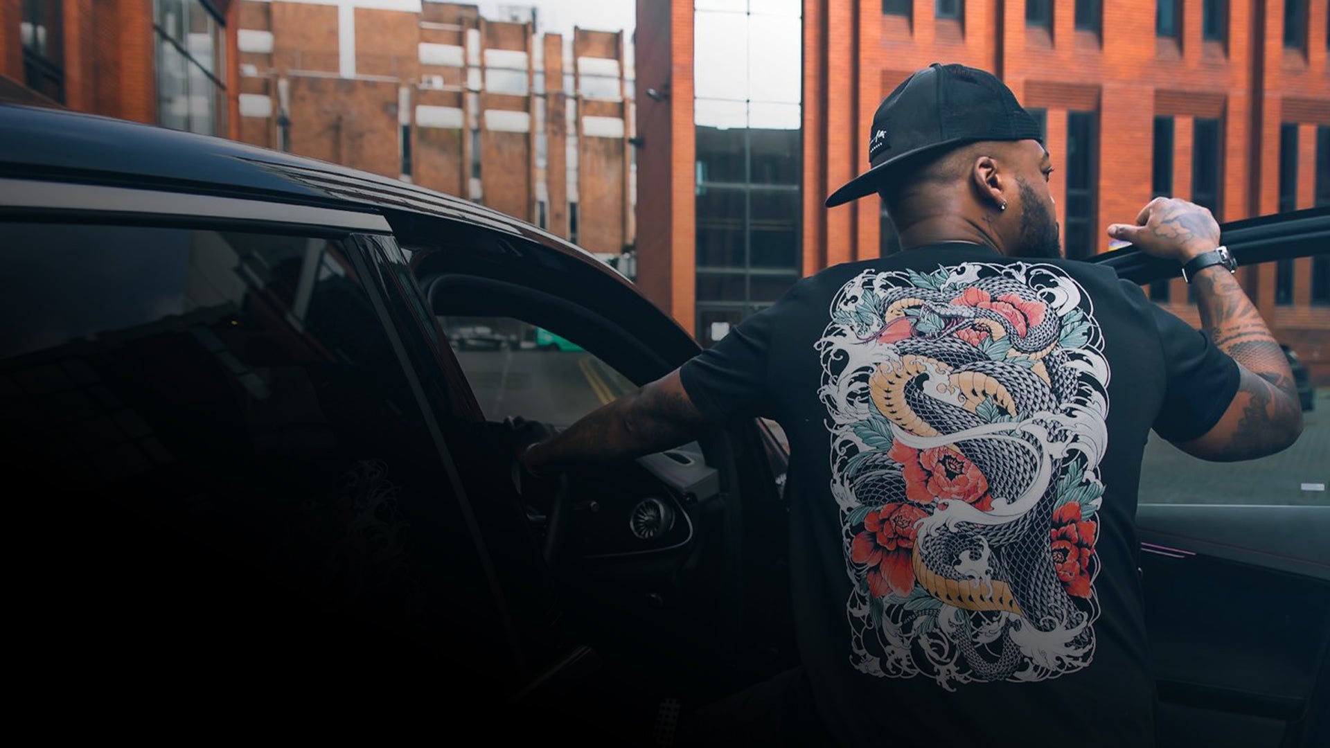 Model wearing japanese graphic tee from our collection.