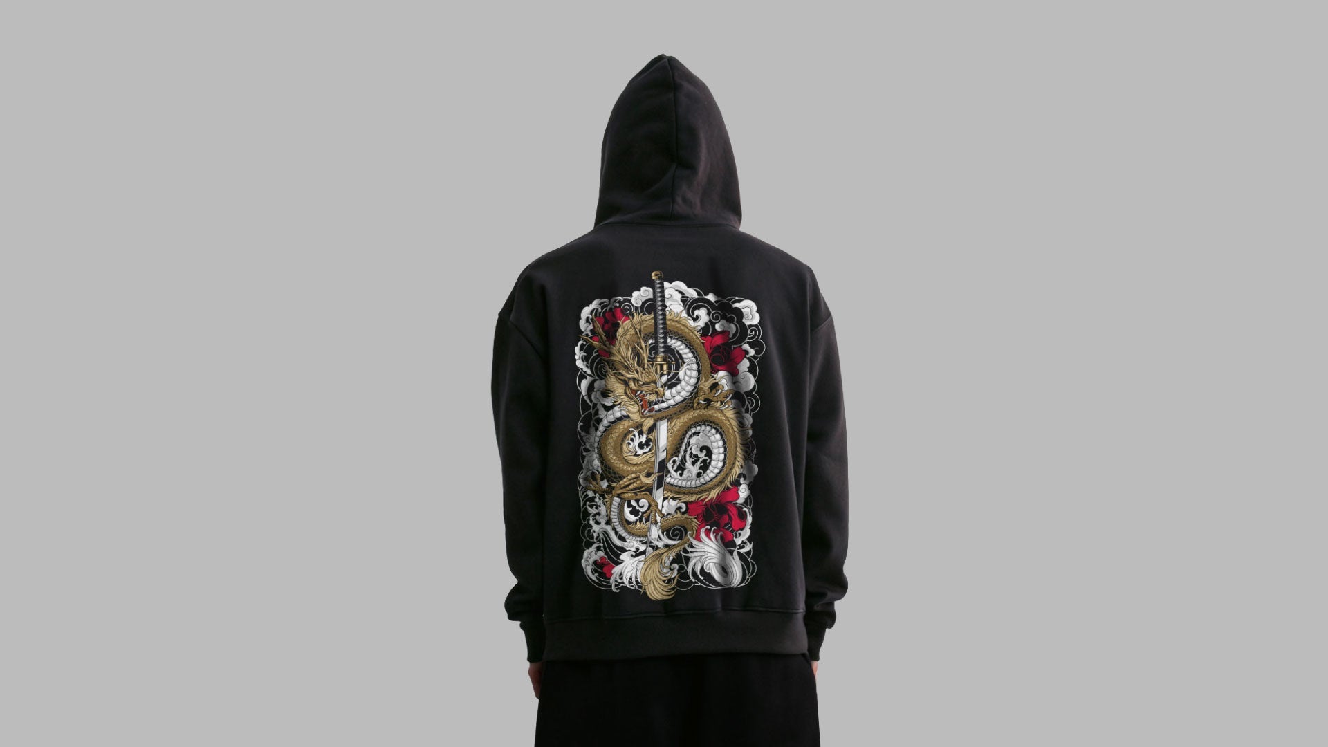 Black Japanese tattoo hoodie featuring a large Irezumi dragon back print with waves, florals and Neo Japanese graphic artwork