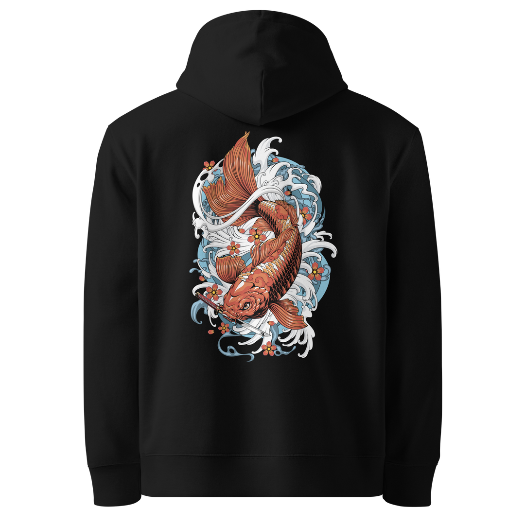 Back view of black hoodie featuring Irezumi tattoo-inspired amber koi fish swimming downward with a dagger in its mouth design, made from 100% organic cotton, regular fit with ribbed cuffs and hem.