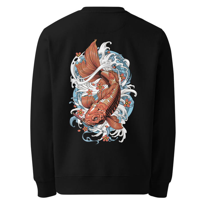 Back view of black sweatshirt featuring Irezumi tattoo-inspired amber koi fish in motion design, made from 100% organic ring-spun cotton, regular fit with ribbed cuffs and hem.