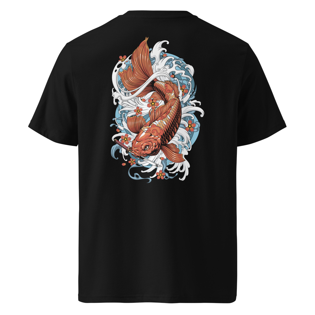 Back view of black t-shirt featuring Irezumi tattoo-inspired amber koi fish design, made from 100% organic ring-spun cotton, regular fit with ribbed collar and durable double-needle stitching.