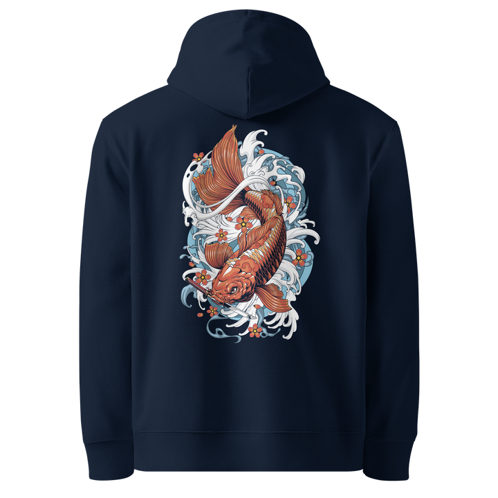 Back view of blue hoodie featuring Irezumi tattoo-inspired amber koi fish swimming downward with a dagger in its mouth design, made from 100% organic cotton, regular fit with ribbed cuffs and hem.