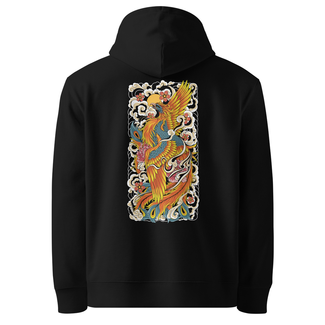 A black hoodie featuring a detailed back print of a rising phoenix in vibrant colors, surrounded by Irezumi-style clouds, cherry blossoms, and intricate patterns.