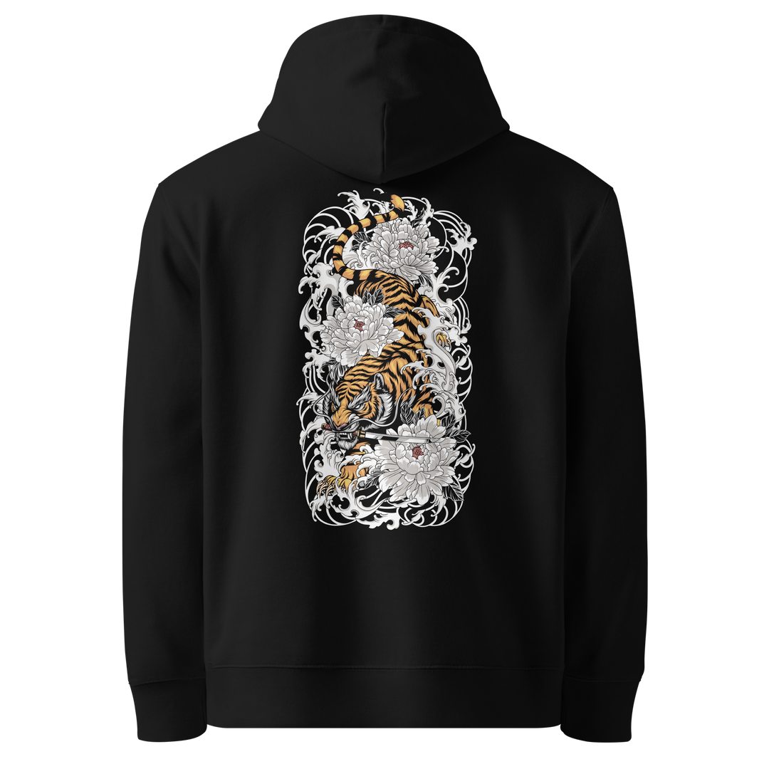 A black hoodie showcasing a descending tiger design on the back, surrounded by Irezumi-inspired waves, clouds, and floral accents.