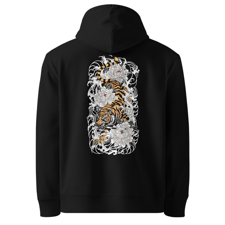 A black hoodie showcasing a descending tiger design on the back, surrounded by Irezumi-inspired waves, clouds, and floral accents.