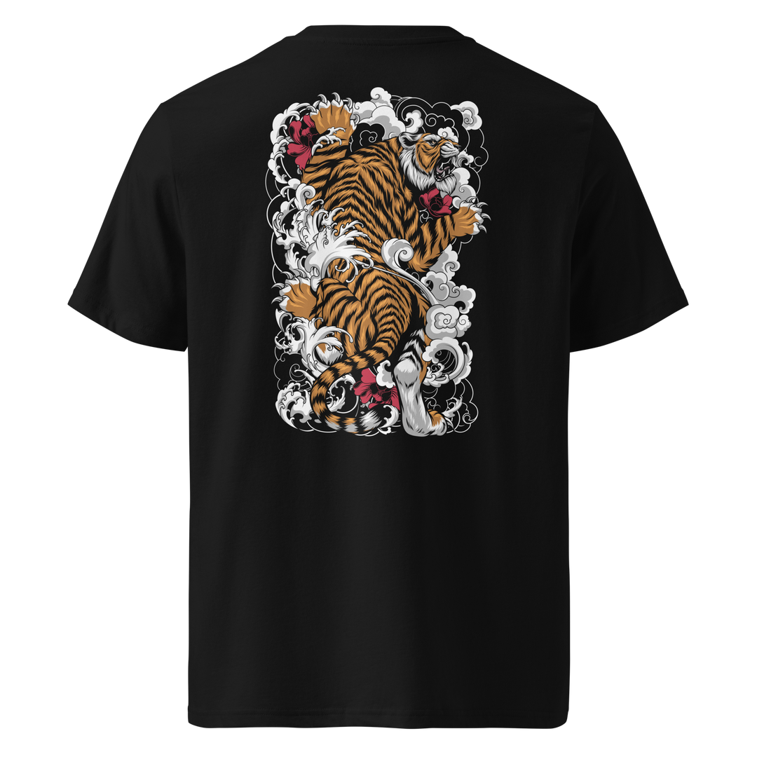 Back view of black t-shirt featuring Irezumi tattoo-inspired amber tiger ascending amidst clouds design, made from 100% organic ring-spun cotton, regular fit with ribbed collar and durable double-needle stitching.