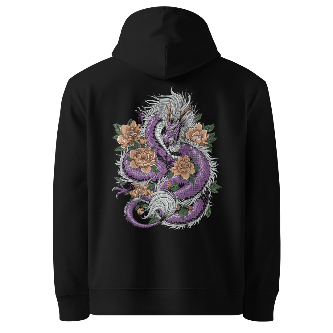 Back view of black hoodie featuring Irezumi tattoo-inspired amethyst dragon coiling around cherry blossoms design, made from 100% organic cotton, regular fit with ribbed cuffs and hem.