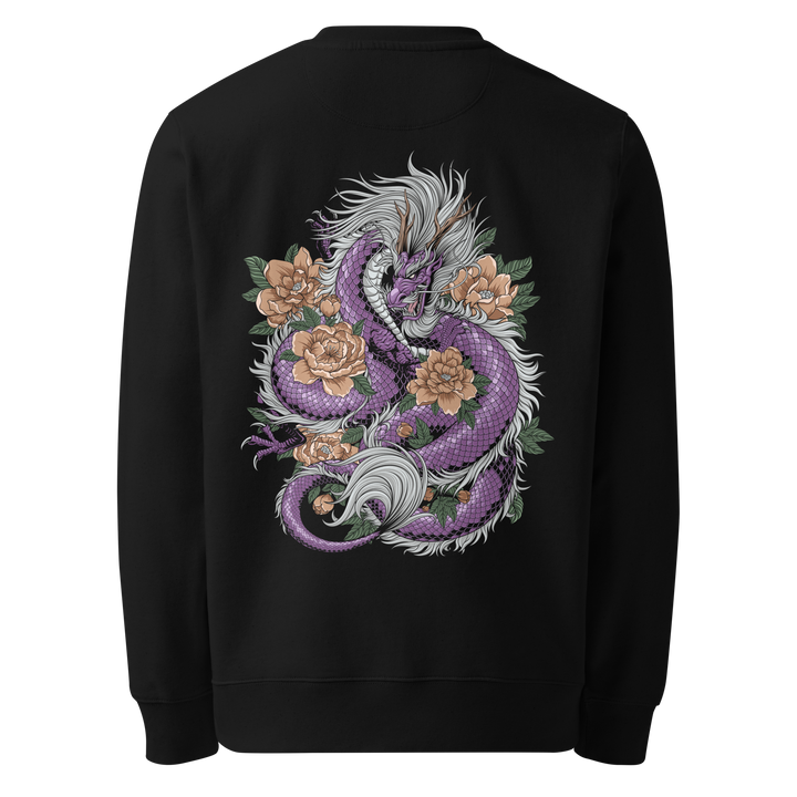 Back view of black sweatshirt featuring Irezumi tattoo-inspired amethyst dragon intertwined with blooming flowers, made from 100% organic ring-spun cotton, regular fit with ribbed cuffs.