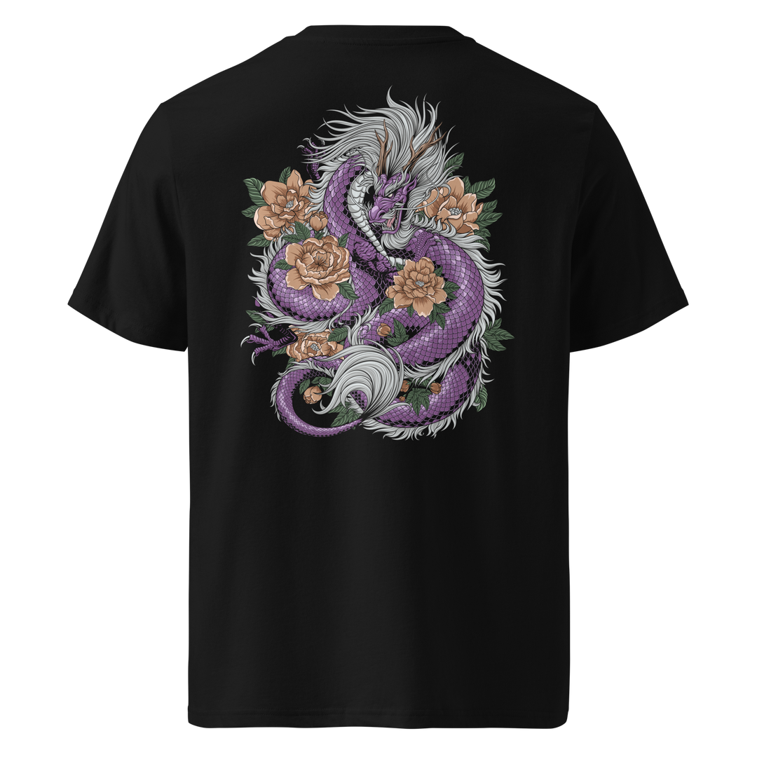 Back view of black t-shirt featuring Irezumi tattoo-inspired dragon and blooming floral design, made from 100% organic ring-spun cotton, regular fit with ribbed collar and durable double-needle stitching.