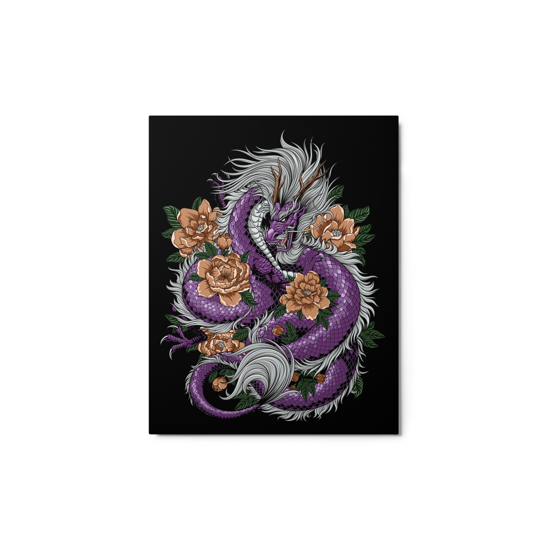 Amethyst Dragon Blossom Metal Print featuring a dragon in amethyst tones coiled around delicate blossoms, with vibrant colors and intricate details.