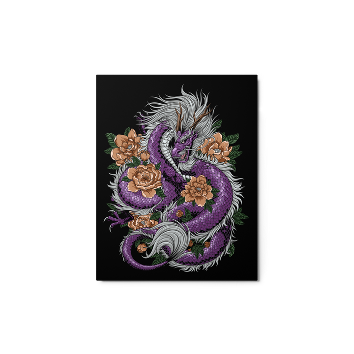 Amethyst Dragon Blossom Metal Print featuring a dragon in amethyst tones coiled around delicate blossoms, with vibrant colors and intricate details.