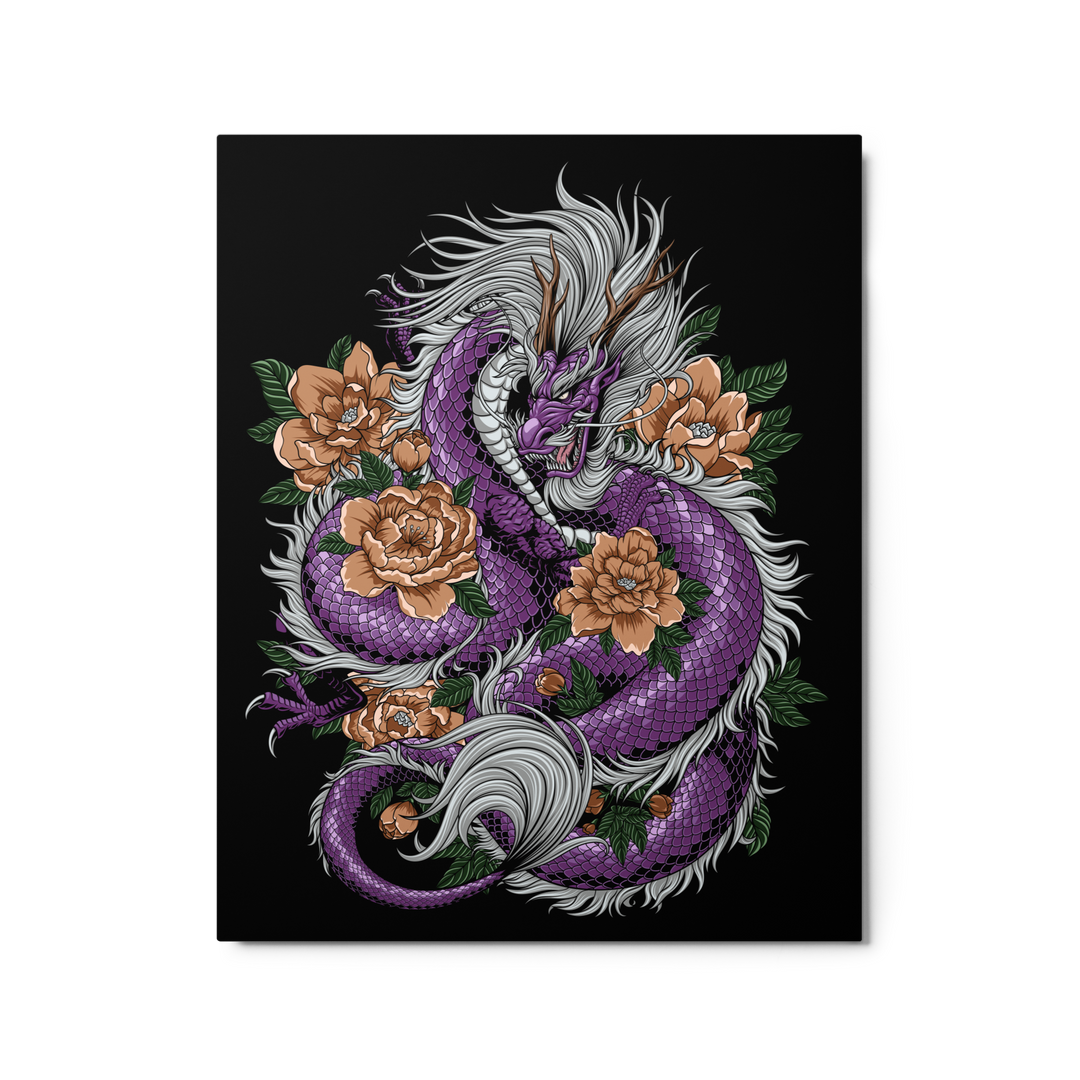 Amethyst Dragon Blossom Metal Print featuring a dragon in amethyst tones coiled around delicate blossoms, with vibrant colors and intricate details.