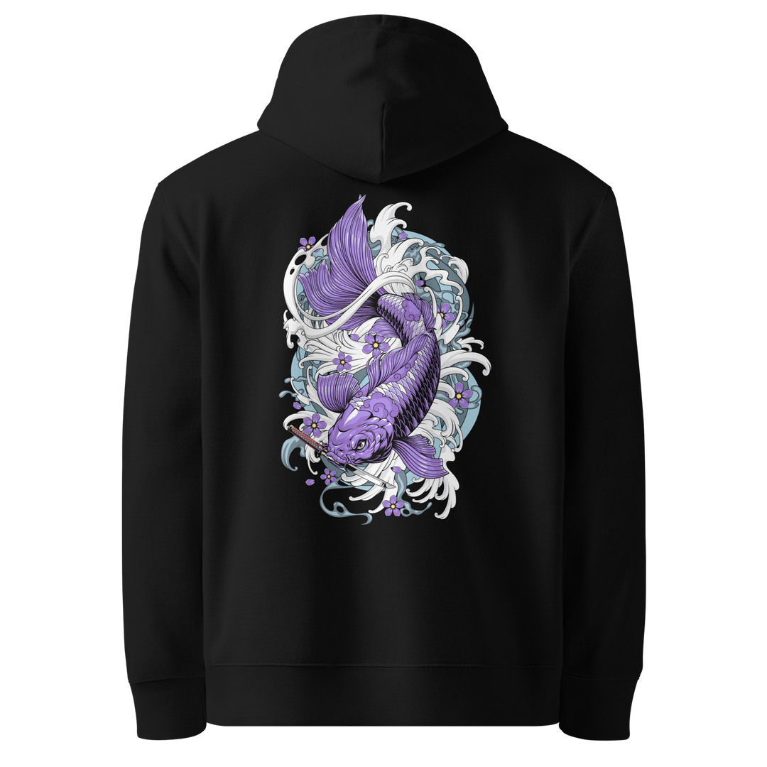 Back view of black hoodie featuring Irezumi tattoo-inspired amethyst koi fish swimming downward with a dagger in its mouth design, made from 100% organic cotton, regular fit with ribbed cuffs and hem.