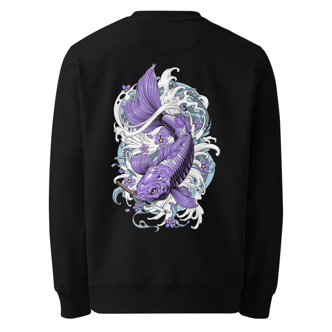 Back view of black sweatshirt featuring Irezumi tattoo-inspired amethyst koi fish in motion design, made from 100% organic ring-spun cotton, regular fit with ribbed cuffs and hem.