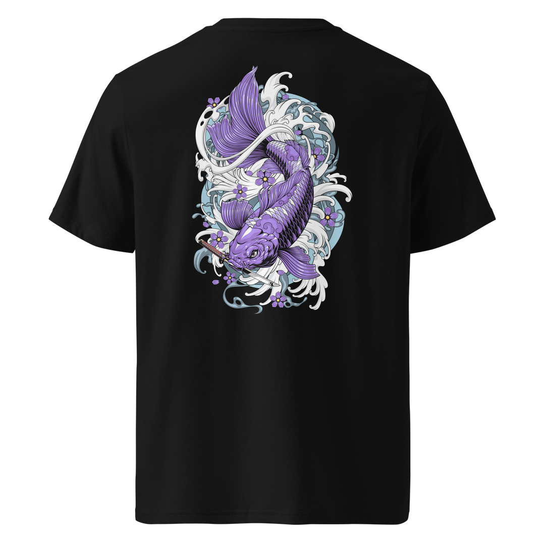 Back view of black t-shirt featuring Irezumi tattoo-inspired amethyst koi fish design, made from 100% organic ring-spun cotton, regular fit with ribbed collar and durable double-needle stitching.