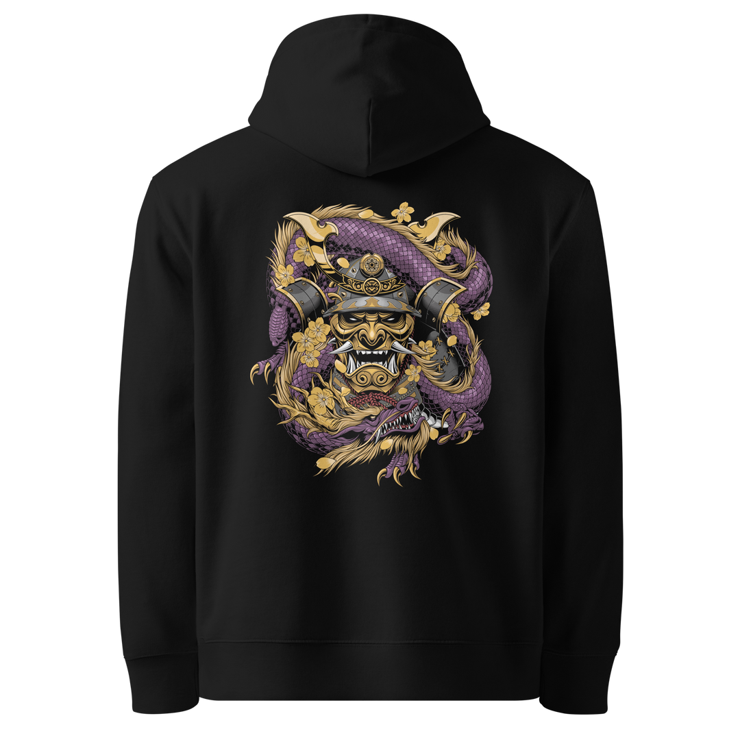 Back view of black hoodie featuring Irezumi tattoo-inspired amethyst samurai mask embraced by a dragon design, made from 100% organic cotton, regular fit with ribbed cuffs and hem.