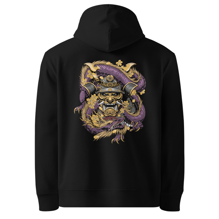 Back view of black hoodie featuring Irezumi tattoo-inspired amethyst samurai mask embraced by a dragon design, made from 100% organic cotton, regular fit with ribbed cuffs and hem.