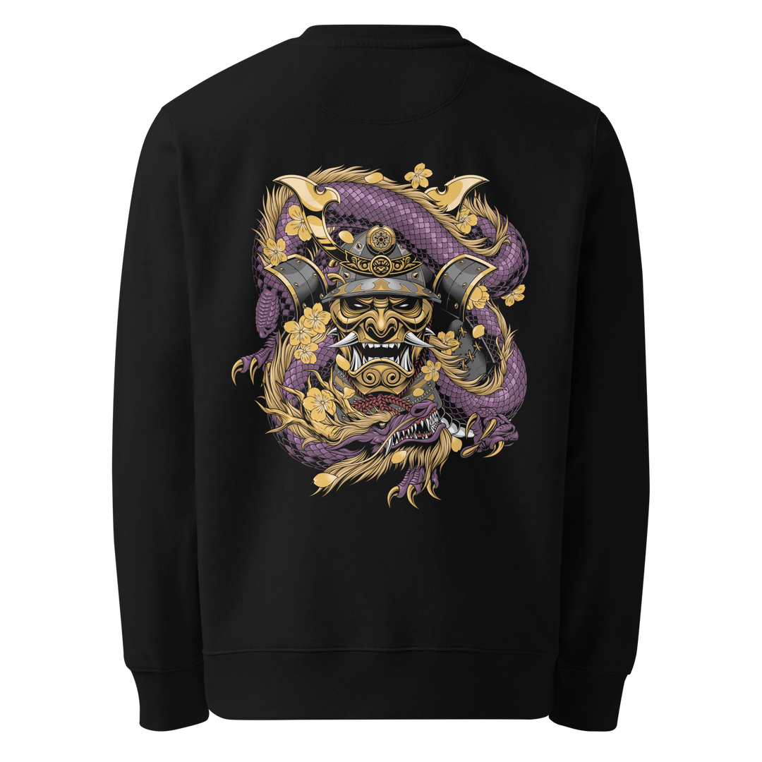 Back view of black sweatshirt featuring Irezumi tattoo-inspired samurai mask with amethyst dragon coiled around it design, made from 100% organic ring-spun cotton, regular fit with ribbed cuffs and hem.