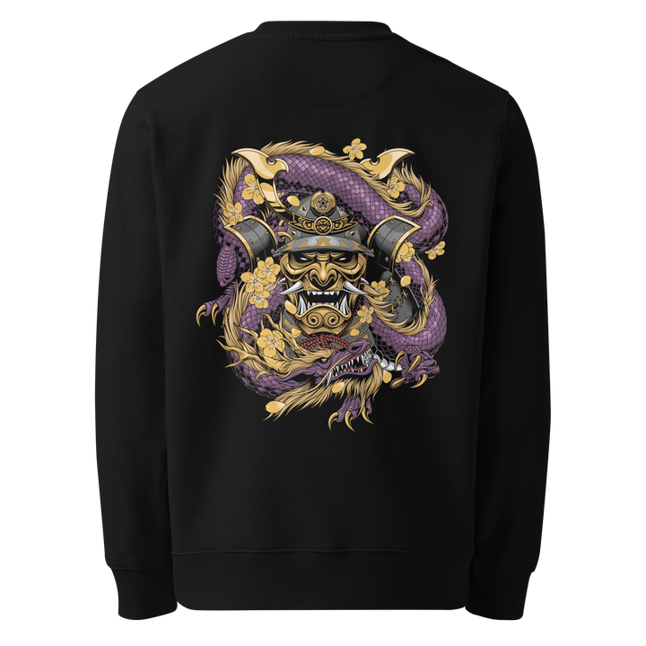 Back view of black sweatshirt featuring Irezumi tattoo-inspired samurai mask with amethyst dragon coiled around it design, made from 100% organic ring-spun cotton, regular fit with ribbed cuffs and hem.