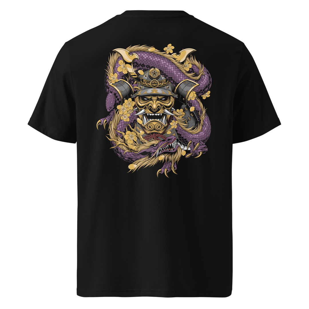 Back view of black t-shirt featuring Irezumi tattoo-inspired amethyst dragon coiling around a samurai mask design, made from 100% organic ring-spun cotton, regular fit with ribbed collar and durable double-needle stitching.