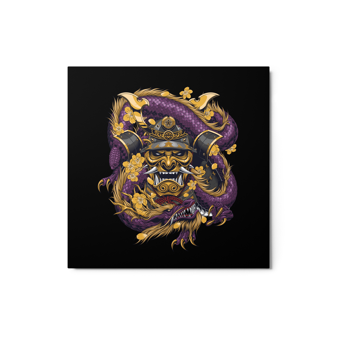 Amethyst Samurai Mask Embraced Metal Print with a coiled amethyst-colored dragon surrounding a samurai mask, featuring intricate details and vibrant colors.