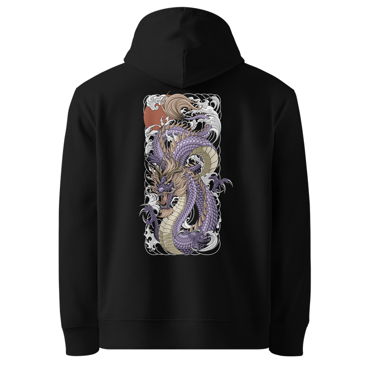 Back view of black hoodie featuring Irezumi tattoo-inspired amethyst dragon riding crashing waves design, made from 100% organic cotton, regular fit with ribbed cuffs and hem.