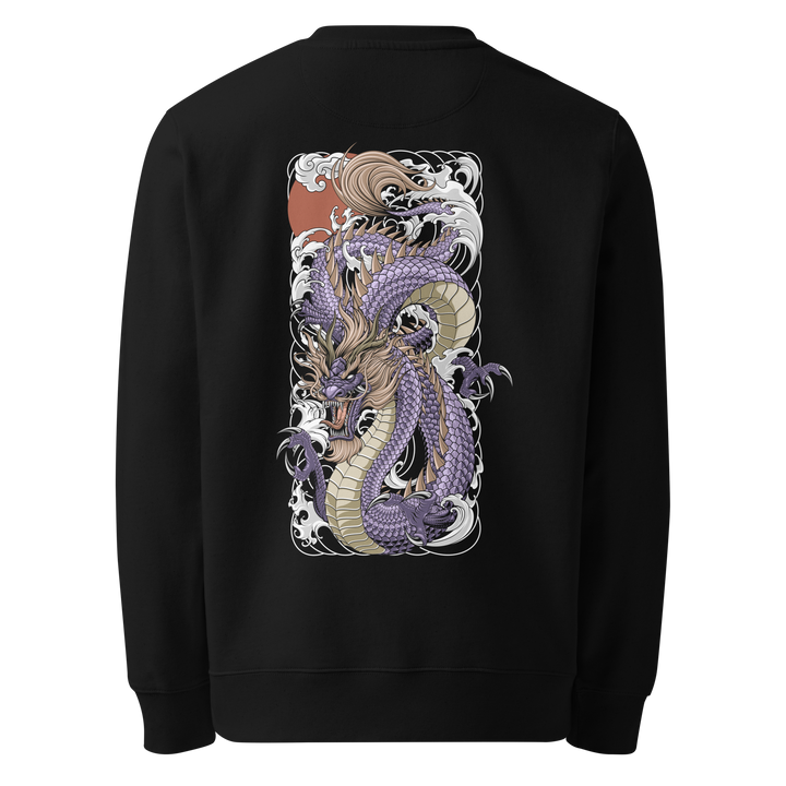 Back view of black sweatshirt featuring Irezumi tattoo-inspired amethyst tide dragon rising through waves design, made from 100% organic ring-spun cotton, regular fit with ribbed cuffs and hem.