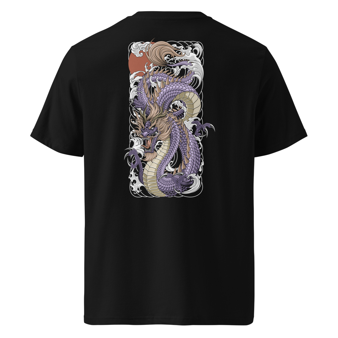 Back view of black t-shirt featuring Irezumi tattoo-inspired amethyst tide dragon with waves design, made from 100% organic ring-spun cotton, regular fit with ribbed collar and durable double-needle stitching.