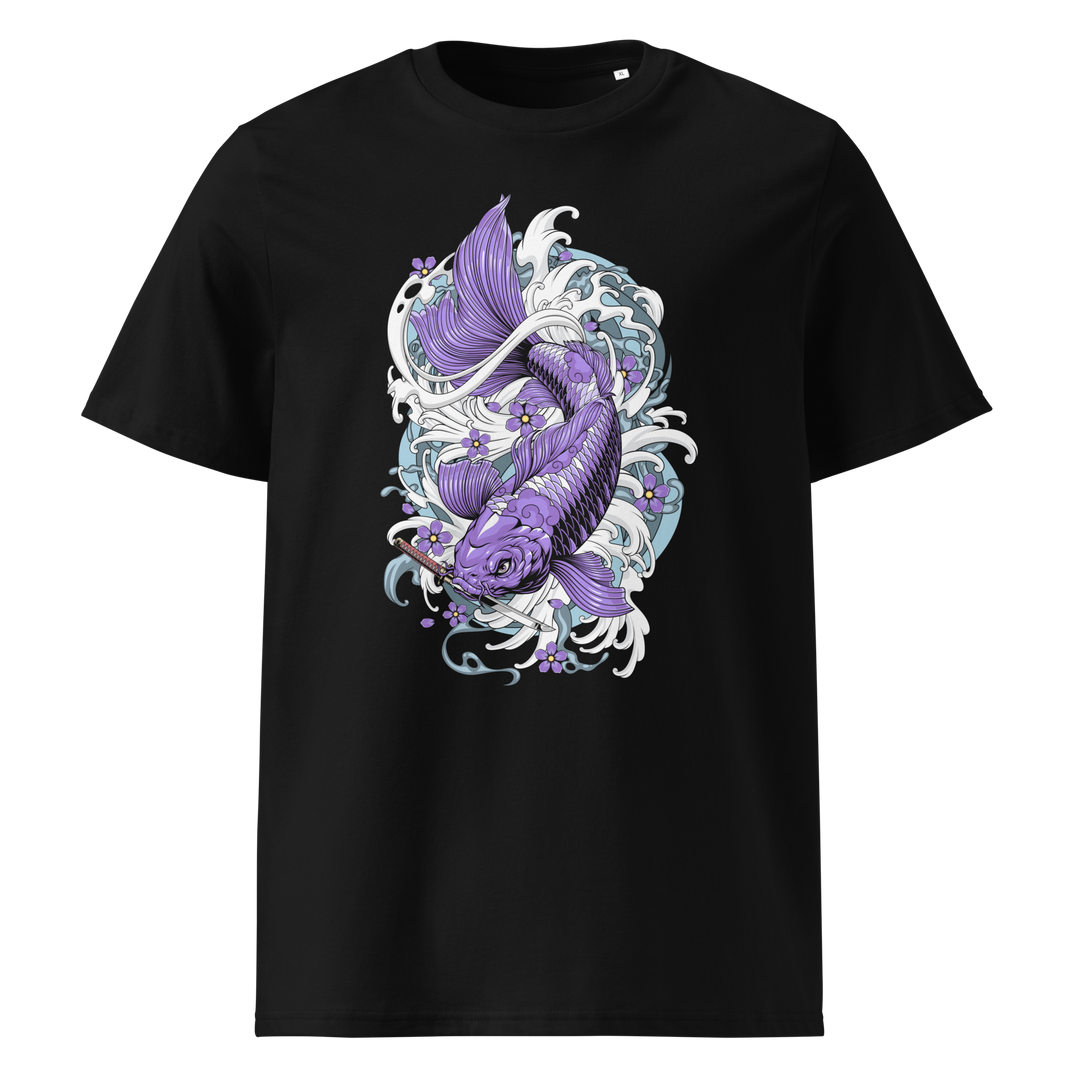 A black t-shirt featuring a purple koi fish surrounded by dynamic waves and floral accents, inspired by Japanese tattoo designs.