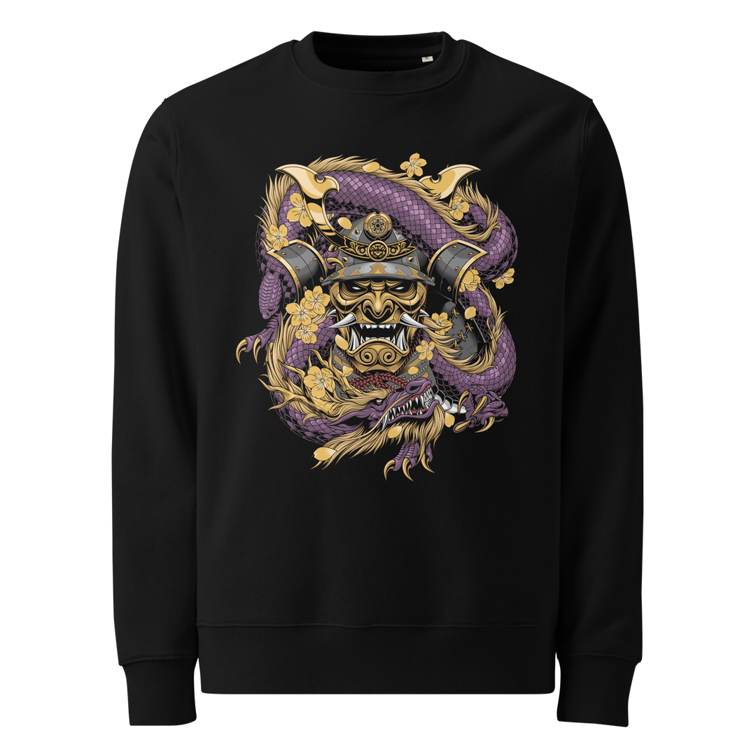 Amethyst Samurai Mask Embraced front print on a black sweatshirt, featuring a samurai mask entwined with an amethyst-toned dragon