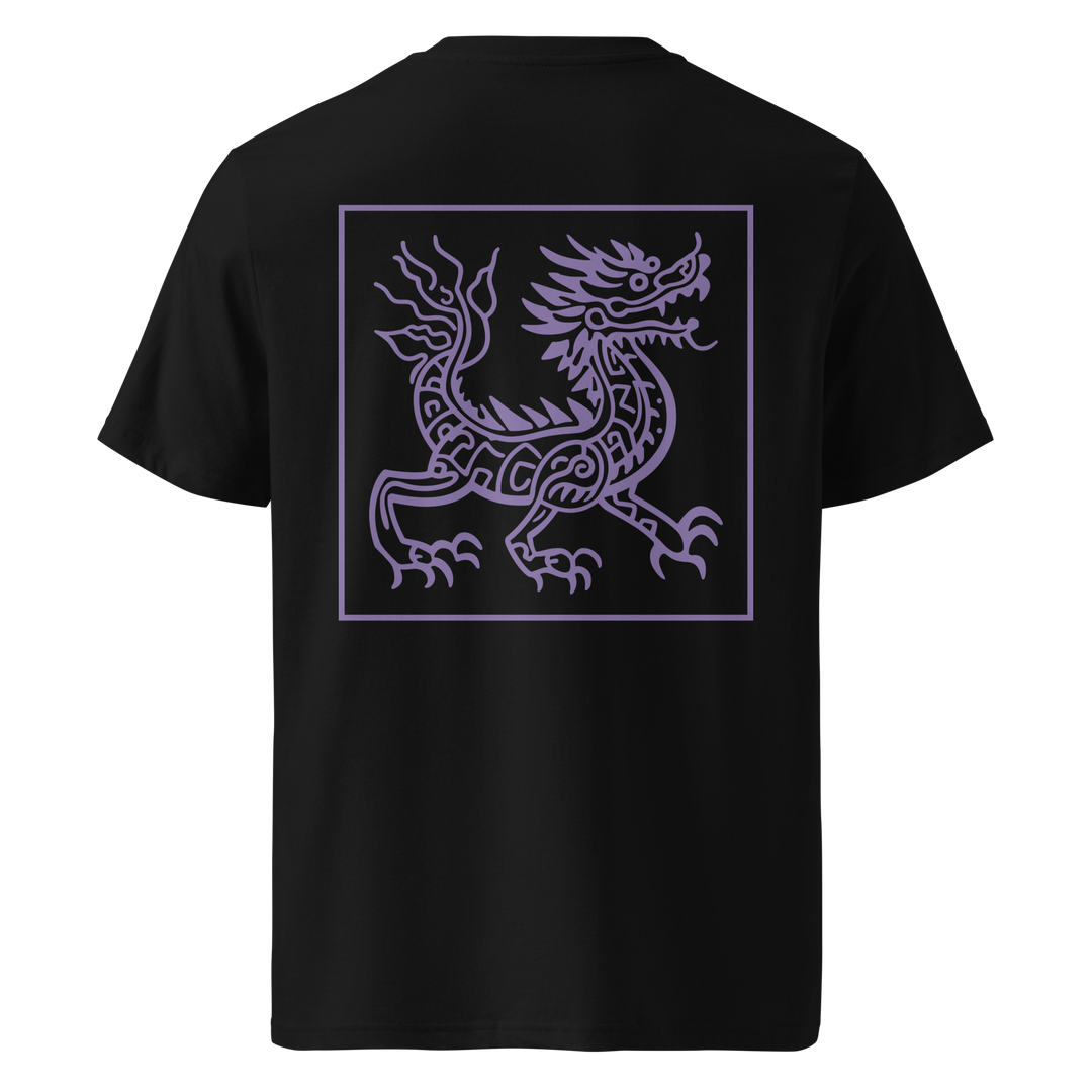 A black t-shirt showcasing a rich purple tribal-style serpent design within a square frame on the back, inspired by traditional tribal art.