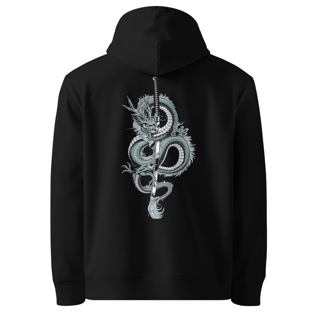 Back view of black hoodie featuring Irezumi tattoo-inspired arctic dragon coiling around a katana design, made from 100% organic cotton, regular fit with ribbed cuffs and hem.