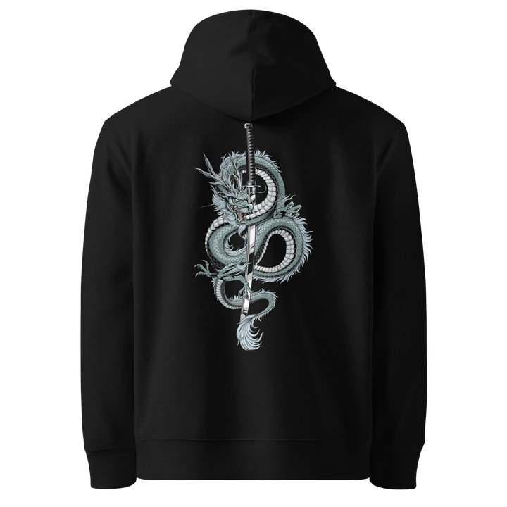 Back view of black hoodie featuring Irezumi tattoo-inspired arctic dragon coiling around a katana design, made from 100% organic cotton, regular fit with ribbed cuffs and hem.