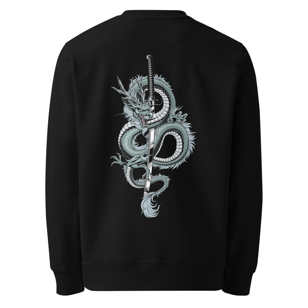 Back view of black sweatshirt featuring Irezumi tattoo-inspired arctic dragon coiling around a katana design, made from 100% organic ring-spun cotton, regular fit with ribbed cuffs and hem.