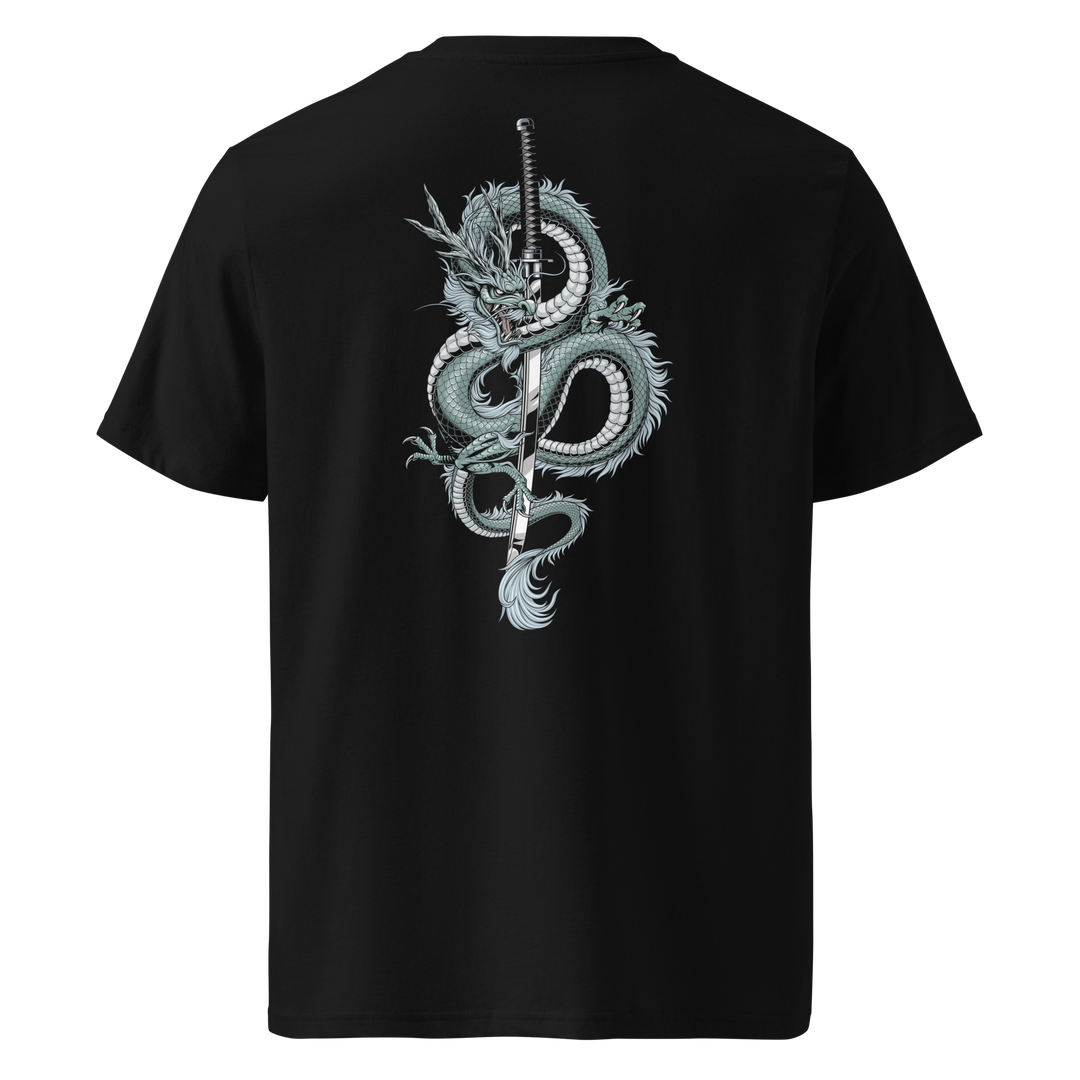 Back view of black t-shirt featuring Irezumi tattoo-inspired arctic dragon coiling around a katana design, made from 100% organic ring-spun cotton, regular fit with ribbed collar and durable double-needle stitching.