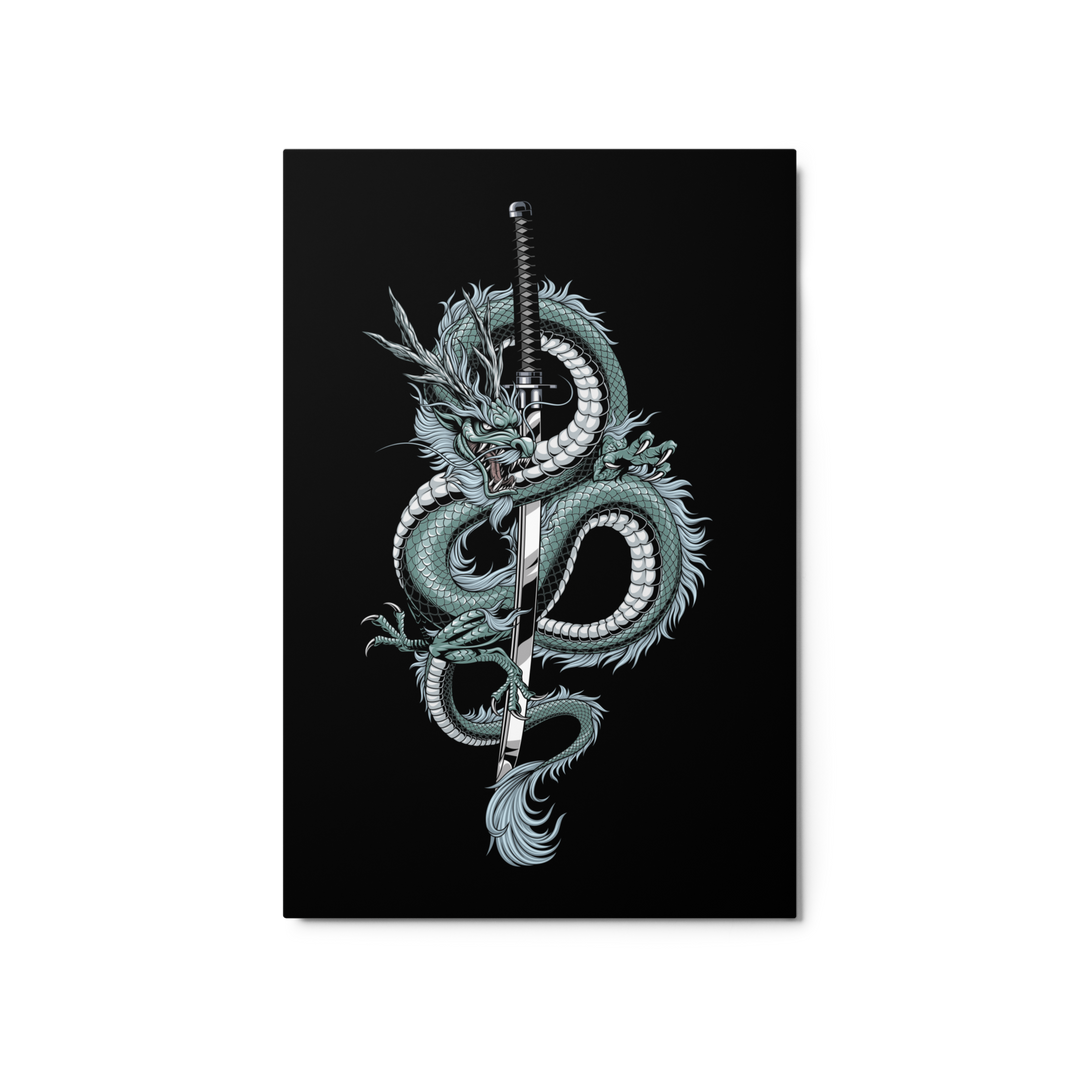 20x30 Metal Print featuring a arctic-toned detailed coiled dragon entwined with a katana, set against a sleek black background.