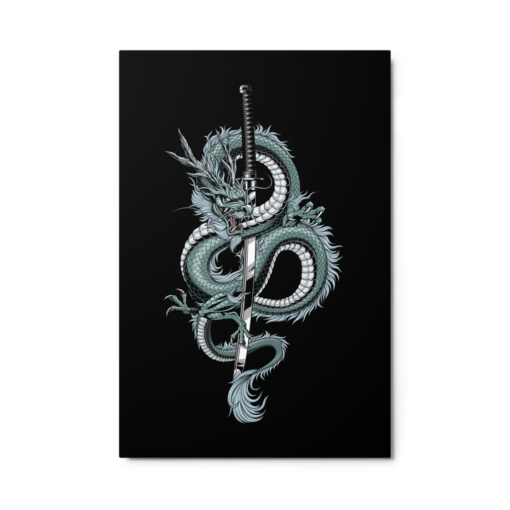 24x36 Metal Print featuring a arctic-toned detailed coiled dragon entwined with a katana, set against a sleek black background.