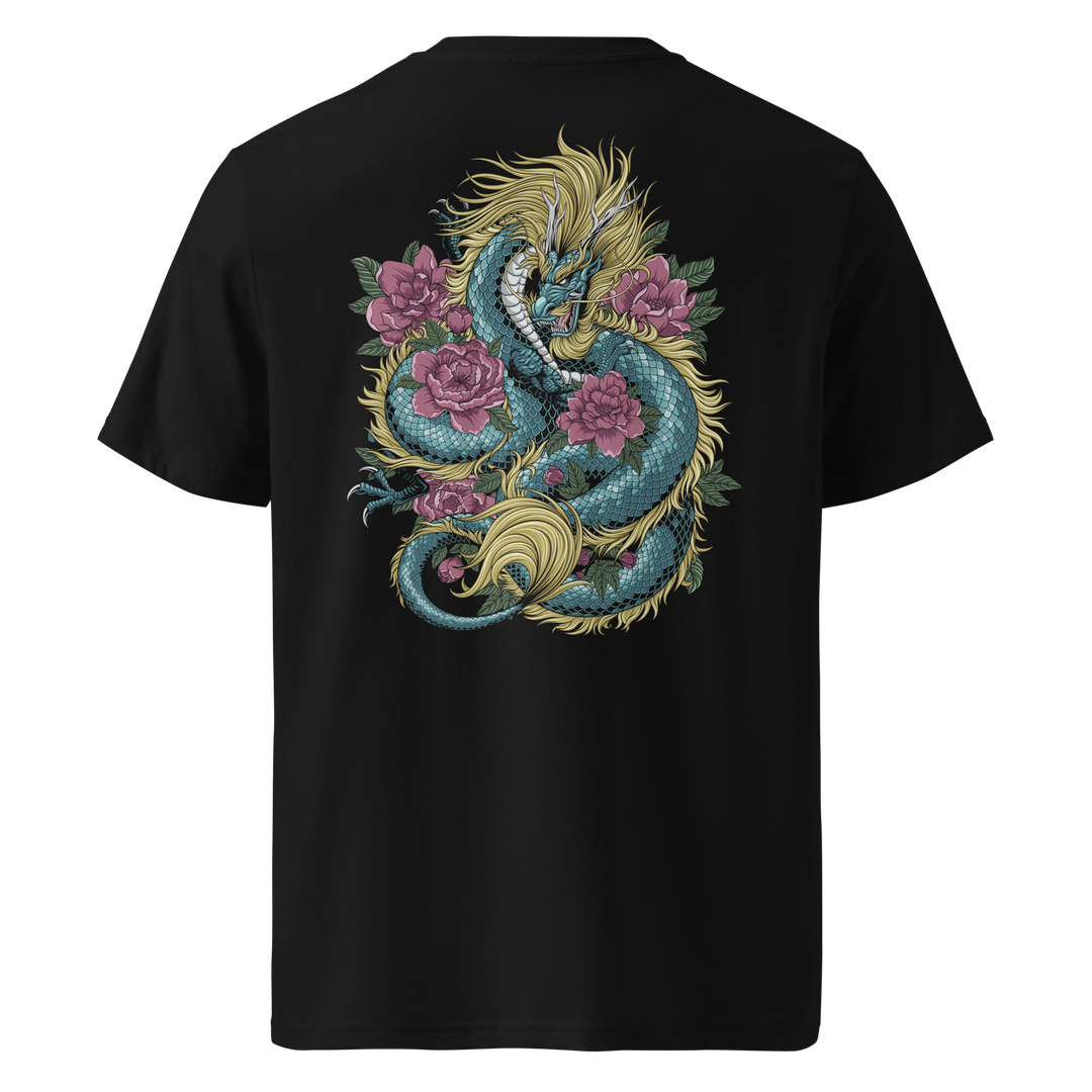 Back view of blue t-shirt featuring Irezumi tattoo-inspired guardian spirit design with blooming flowers, made from 100% organic ring-spun cotton, regular fit with ribbed collar and durable stitching.