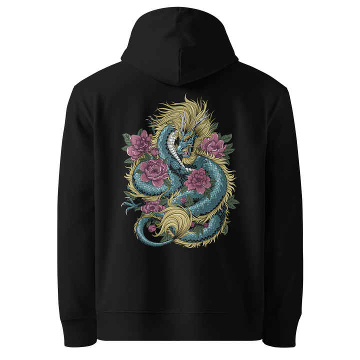 Back view of black hoodie featuring Irezumi tattoo-inspired azure dragon coiling around a blooming flower design, made from 100% organic cotton, regular fit with ribbed cuffs and hem.