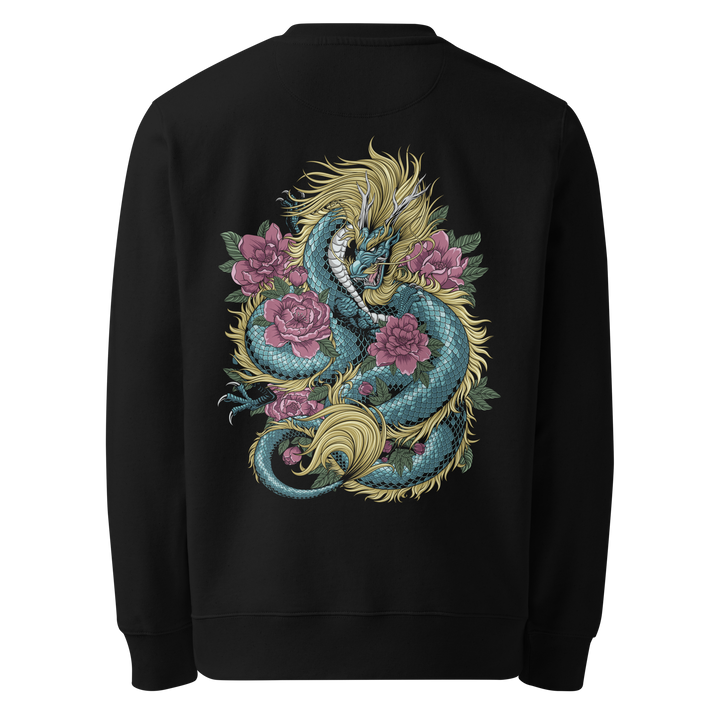 Back view of black sweatshirt featuring Irezumi tattoo-inspired azure dragon entwined with blooming flowers design, made from 100% organic ring-spun cotton, regular fit with ribbed cuffs and hem.