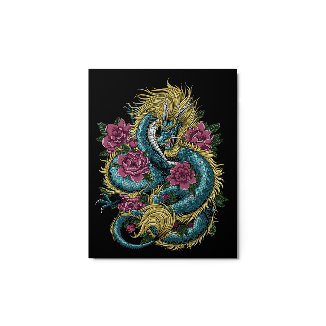 Azure Dragon Blossom Metal Print featuring a vibrant azure-colored dragon coiled around delicate blossoms, with vivid details and intricate design.